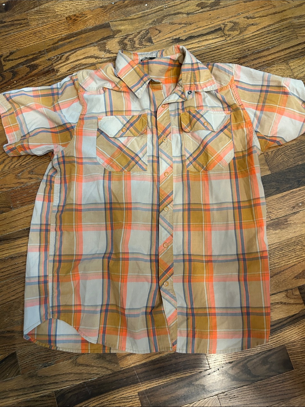 The North Face Orange and Cream Plaid Short Sleeve Button-Down Shirt
